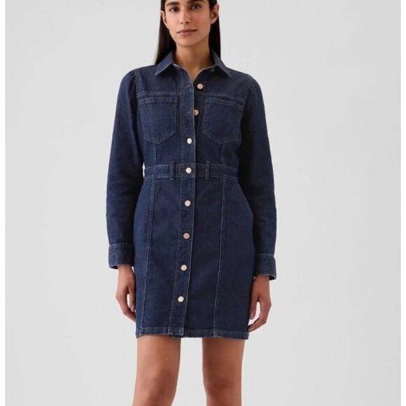 GAP Dresses & Skirts - Gap Denim Dress Size M Tall Blue Dark Wash Puff Sleeves Button Pockets Western